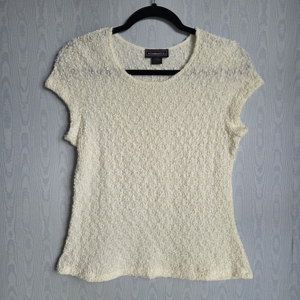Vtg Elementz XL Y2K Crinkle Fuzzy Popcorn Sheer Stretch Ivory Off White Baby Tee
